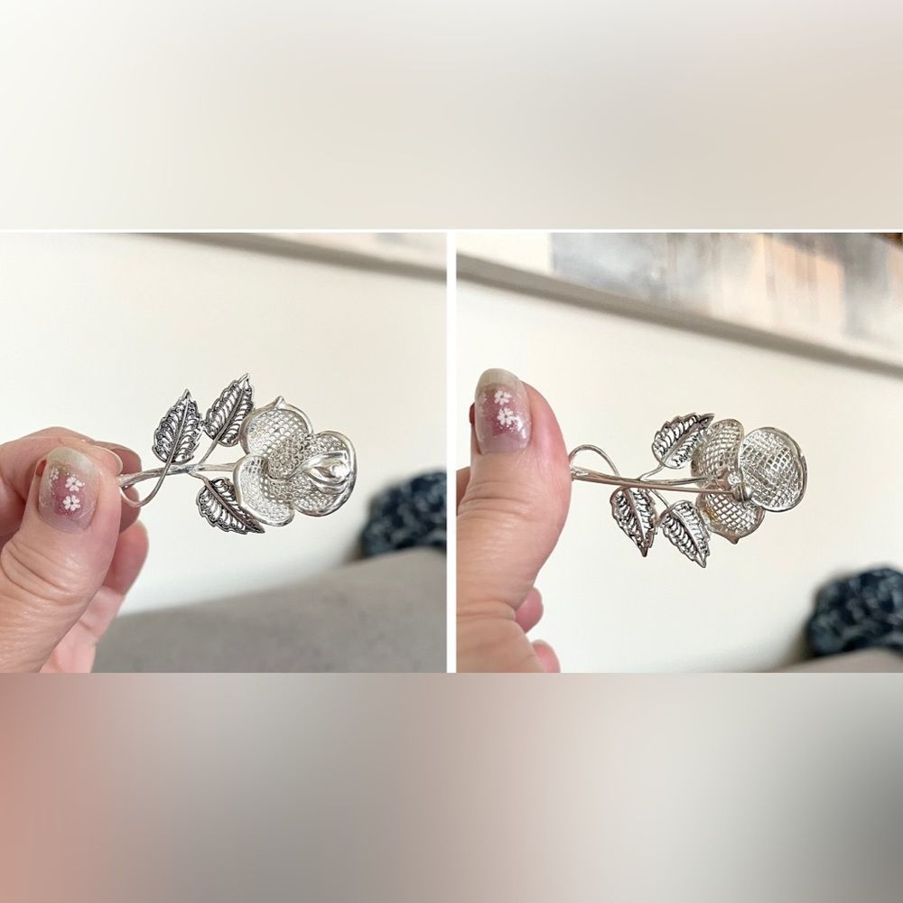 Vintage sterling rose brooch - Picture 9 of 11